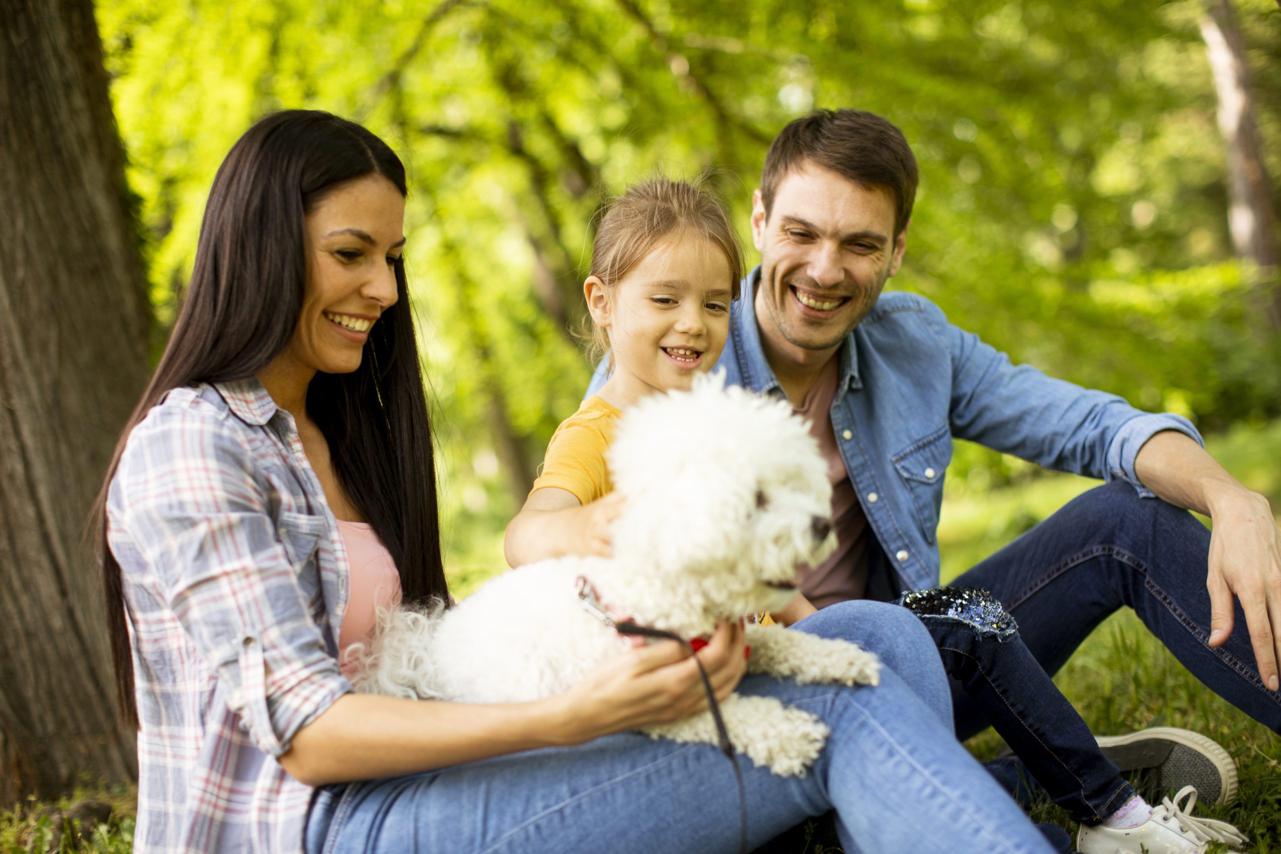 Beautiful happy family is having fun with bichon dog outdoors Bien réfléchir avant d'adopter un chien dans une famille avec enfants en bas âge