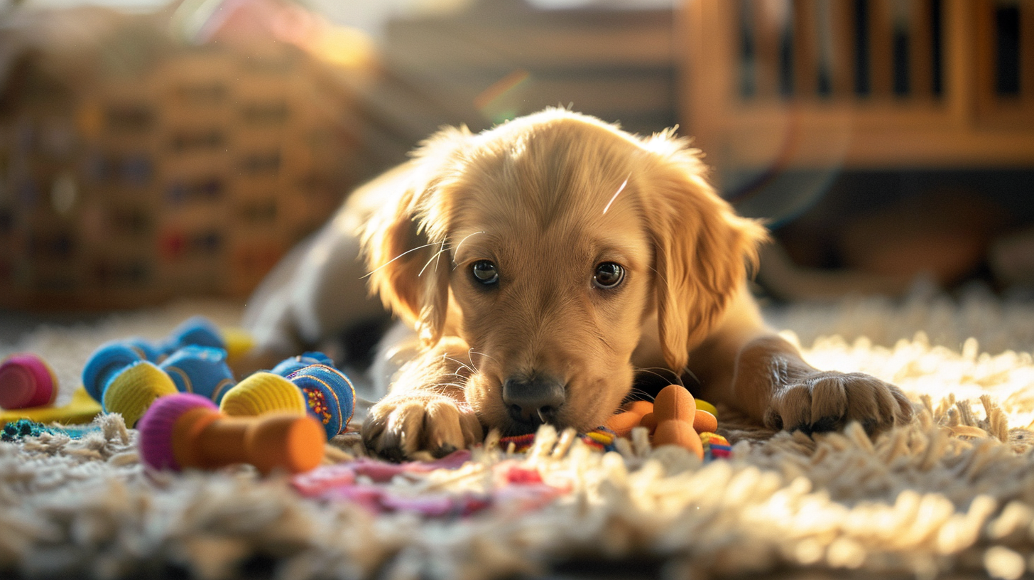 Un chiot qui mordille un jouet