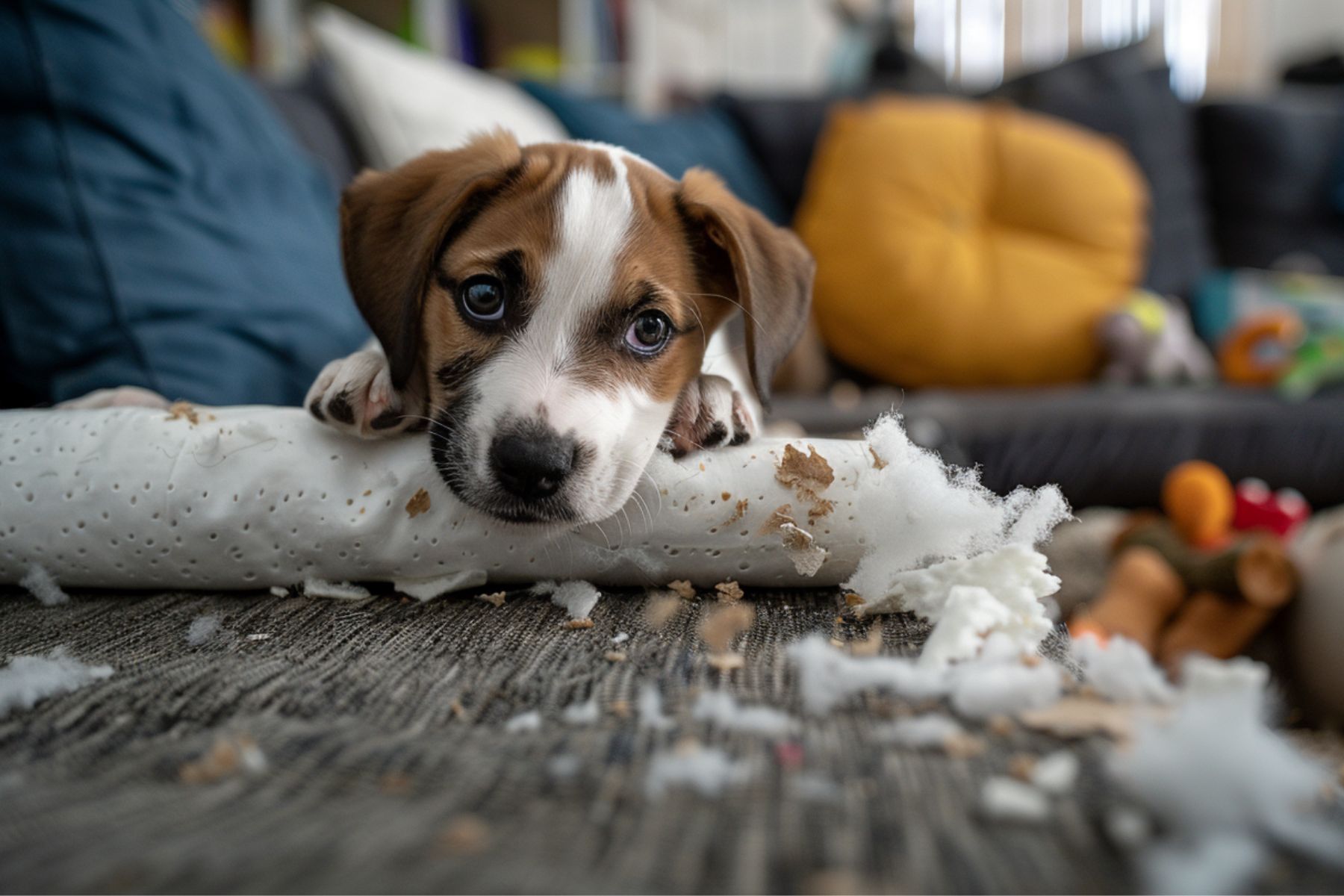 chiot qui fait ses dents et qui mâchouillent tout ce qui lui passe devant