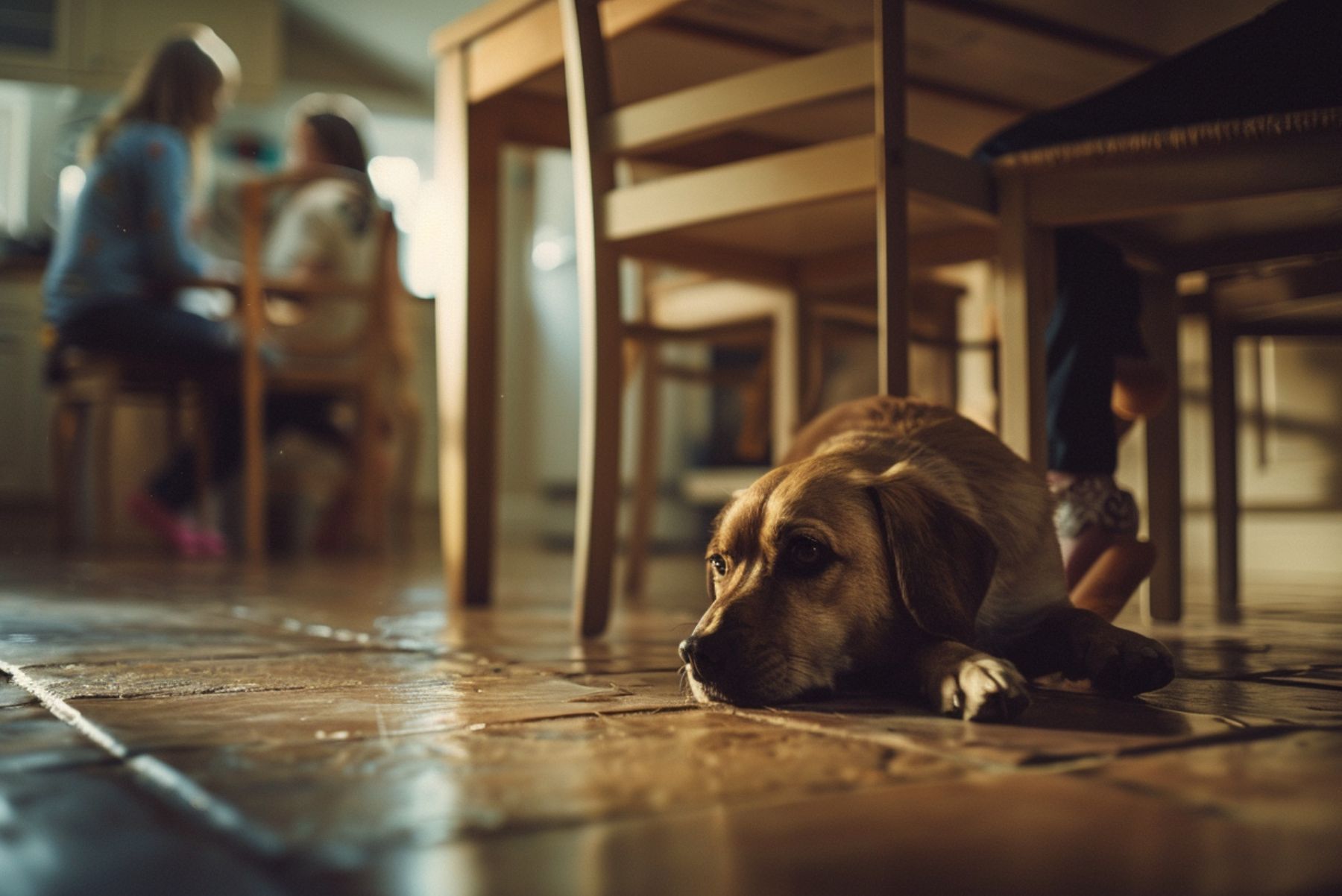 Chien couché sous une table, ambiance tendue