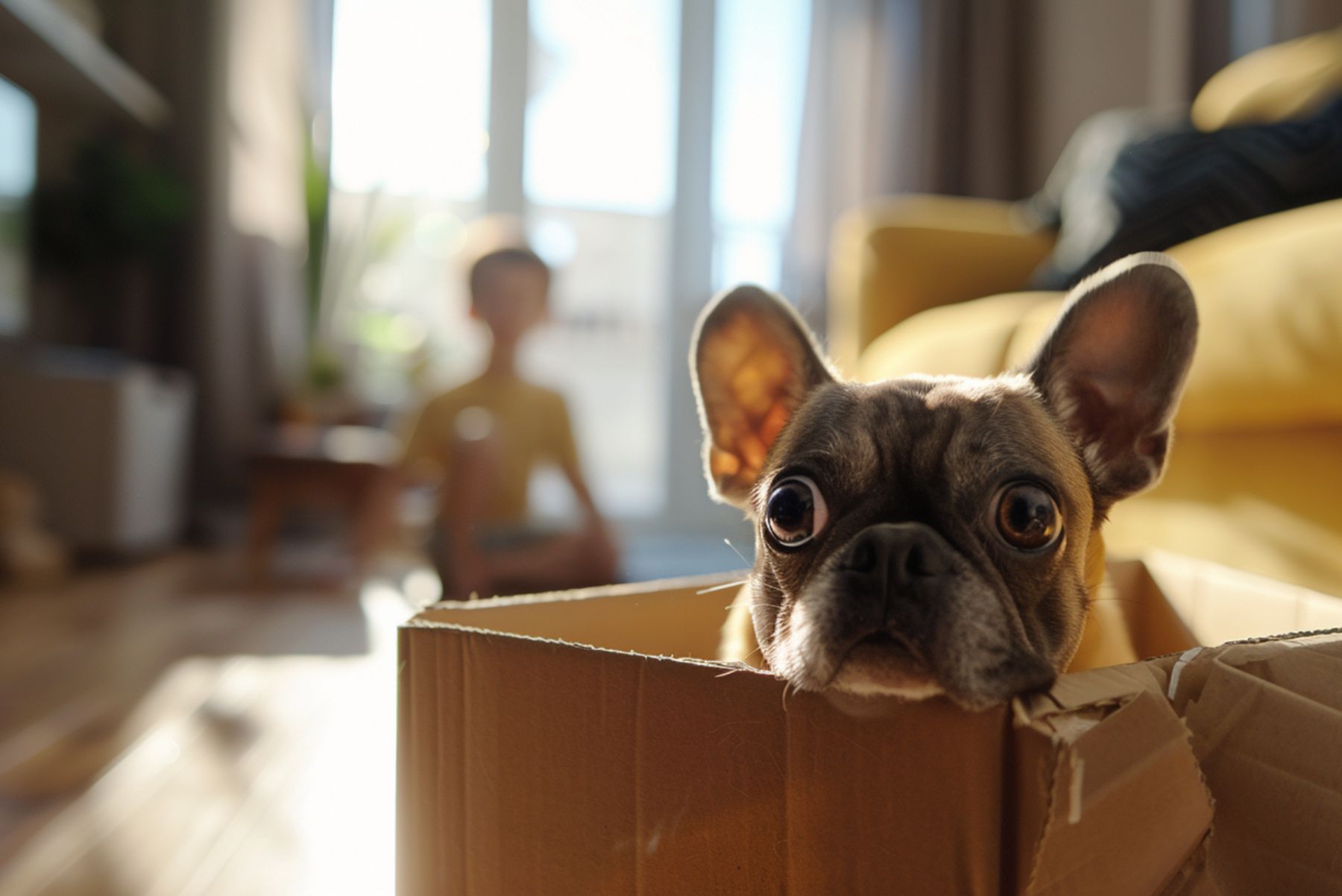 Chien dans un carton, regard inquiet, enfant flou en arrière-plan