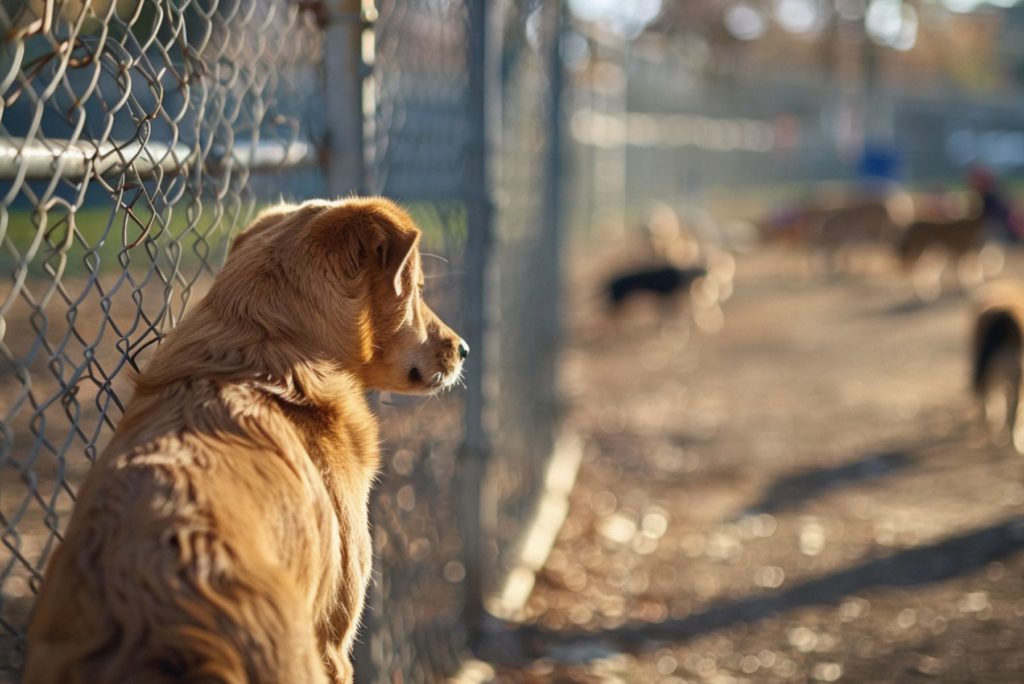 Chien regardant à travers un grillage