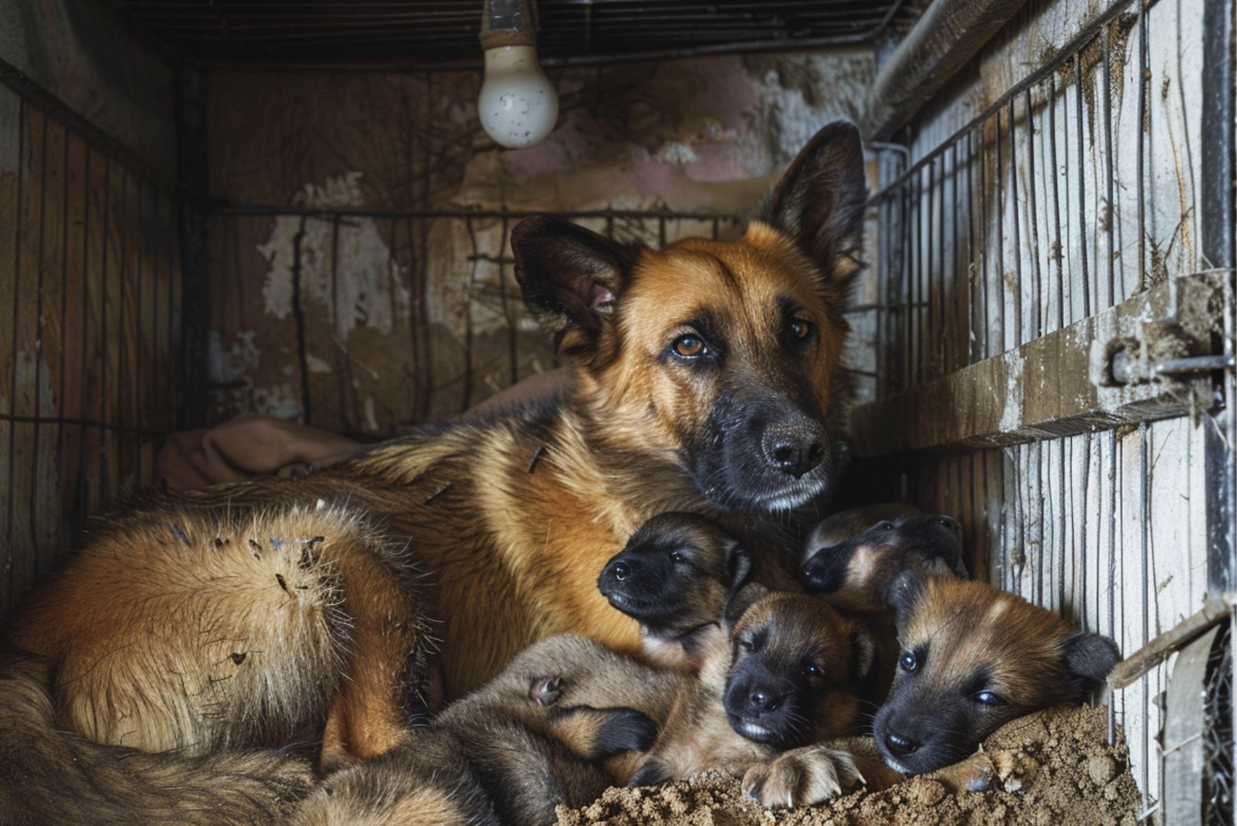 Maman chien et ses chiots dans une cage délabrée