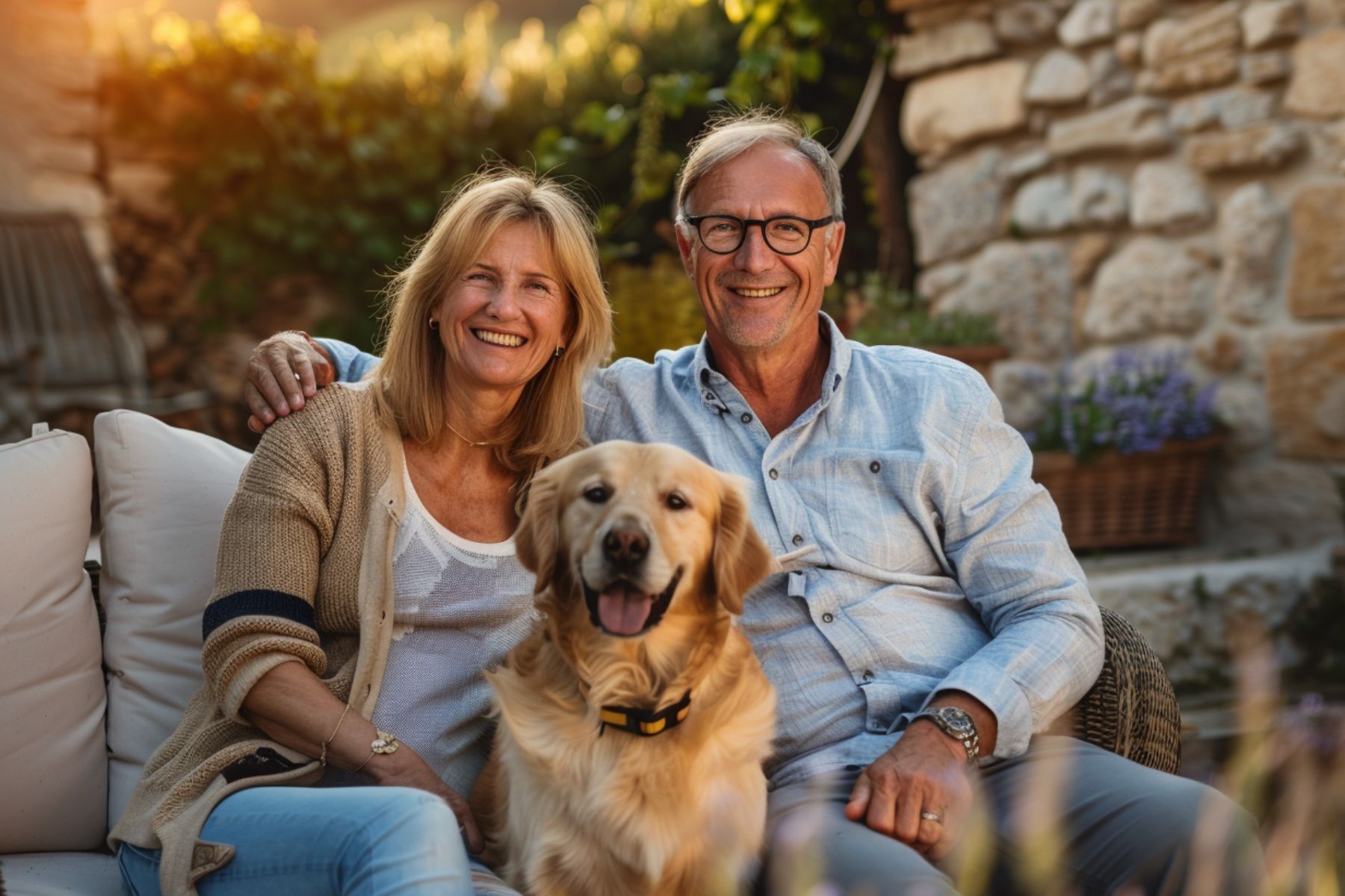 couple-retraites-chien Couple de retraités avec un chien golden retriewer