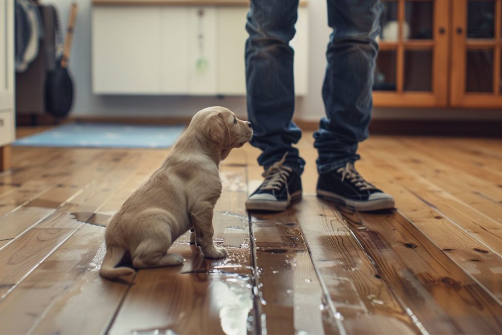 Un chiot qui ne retient pas un pipi d'émotion lors du retour de son maître.