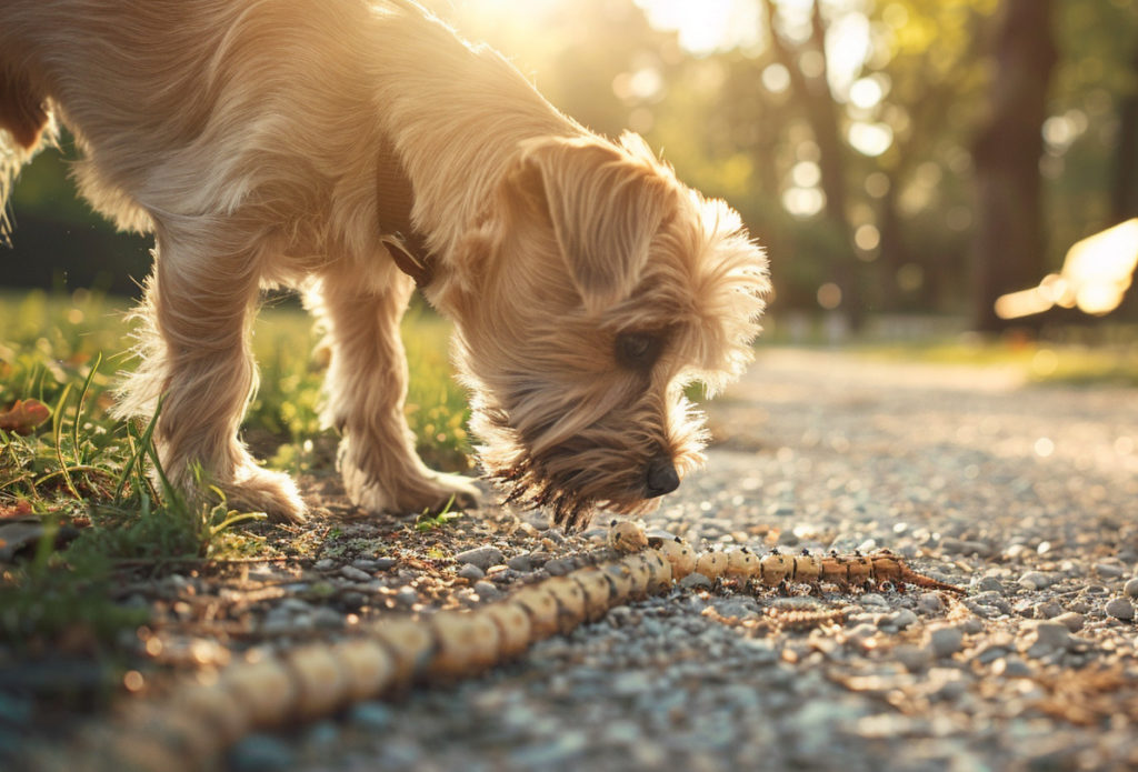 Un petit chien qui touche des chenilles processionnaires